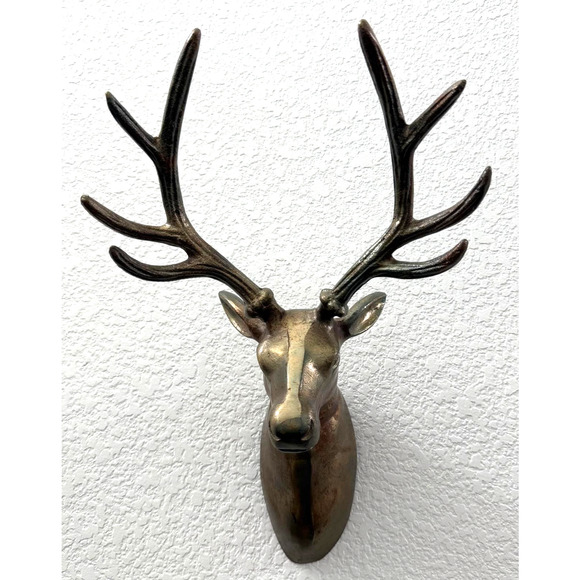 Vintage Brass Wall Mount Stag Trophy Deer Head 8 point buck metal 16" X 10" - Picture 1 of 10